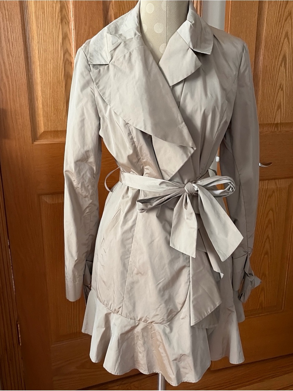 Cole Haan Light Beige Ruffle-Waist Trench Coat